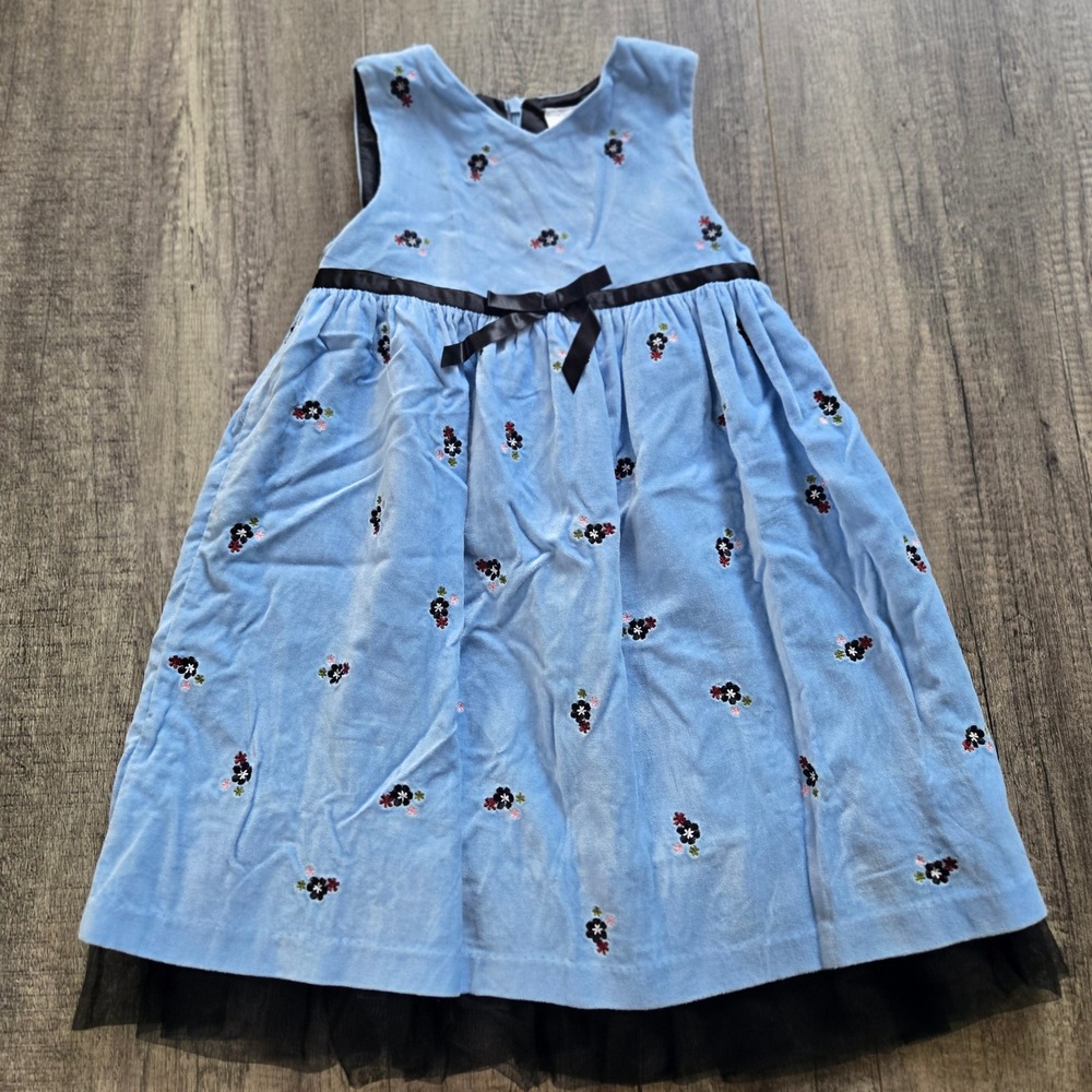 Hanna Andersson Kids Blue Corduroy Floral Embroidered Dress Tulle Hem Size 110 5